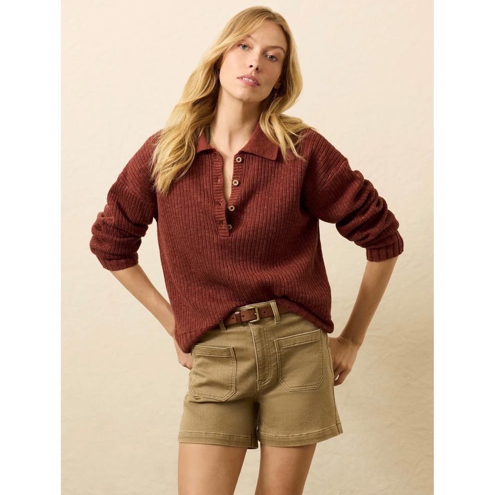 Faherty Miramar smoked paprika Linen Organic Cotton Ribbed Polo Sweater L Womens - Picture 3 of 12